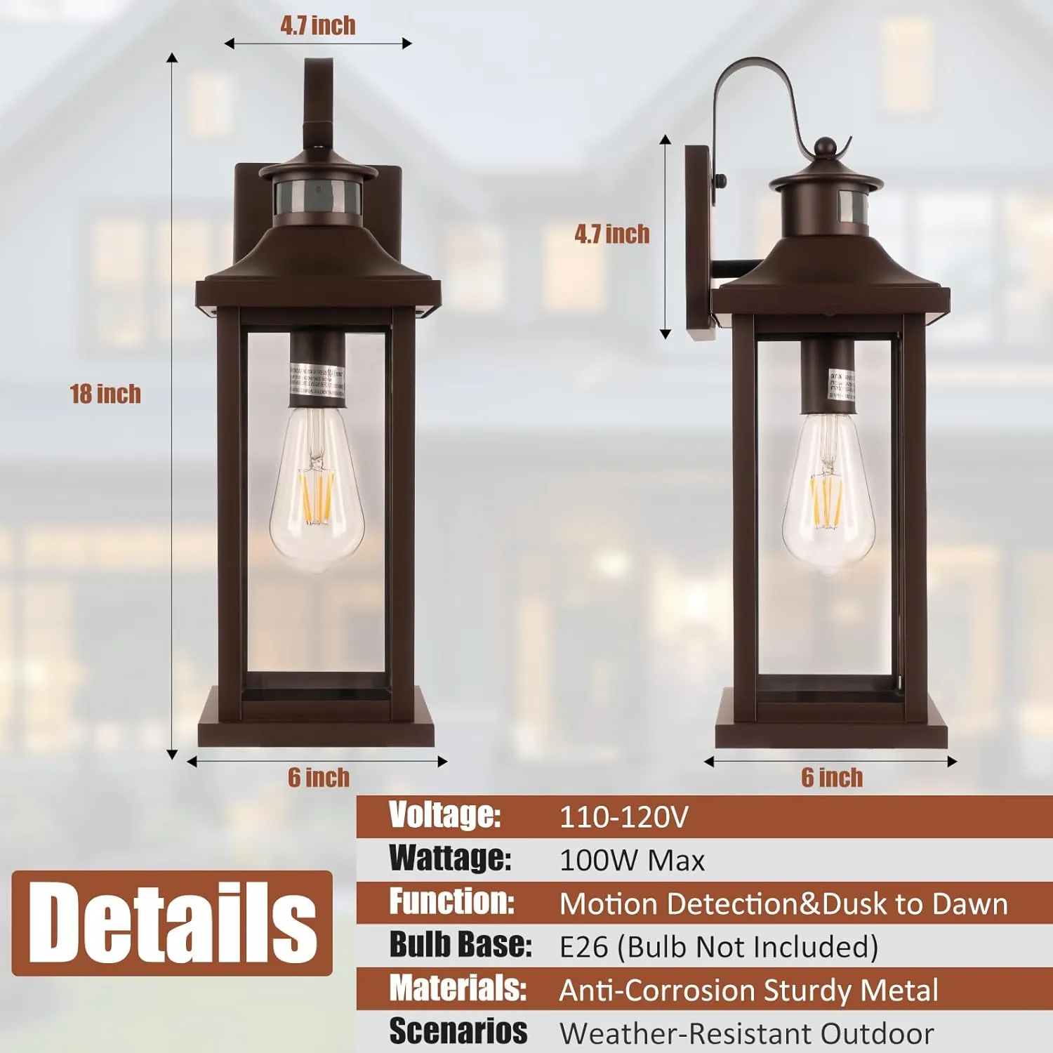 1-Pack 18 Inch Oil Rubbed Bronze Motion Sensor Outdoor Wall Lantern IP65 Waterproof, Large Brown Dusk to Dawn Outdoor Light for House Clear Glass Outside Wall Mounted Lamps Front Door