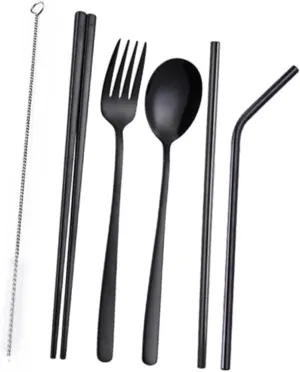1 Set Stainless Steel Cutlery Set Utensils Spoons Portable Silver Camping Cookware Kitchen Lunch Carrying Reusable Picnic Tableware Kit Utensil Kit Black