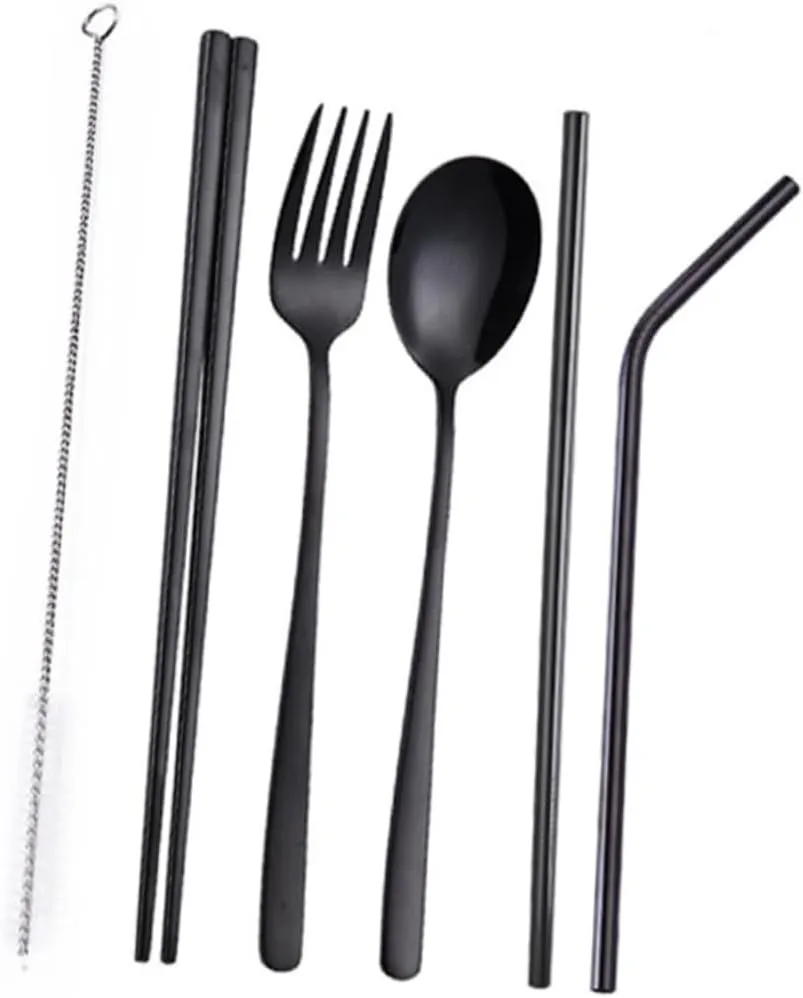 1 Set Stainless Steel Cutlery Set Utensils Spoons Portable Silver Camping Cookware Kitchen Lunch Carrying Reusable Picnic Tableware Kit Utensil Kit Black