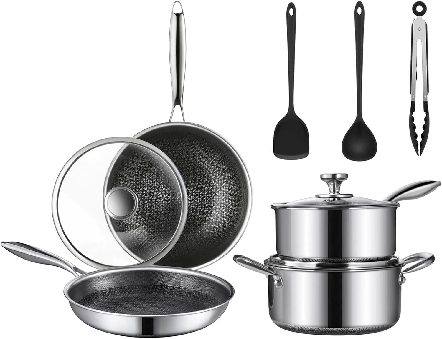10 Pcs Non Stick Pots and Pans Set with Lids, Hybrid Stainless Steel Cookware Set, Skillet,Stock Pot,Frying Pan,Kitchen Cooking Utensils,Non Toxic,Induction,Dishwasher Safe
