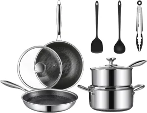 10 Pcs Non Stick Pots and Pans Set with Lids, Hybrid Stainless Steel Cookware Set, Skillet,Stock Pot,Frying Pan,Kitchen Cooking Utensils,Non Toxic,Induction,Dishwasher Safe