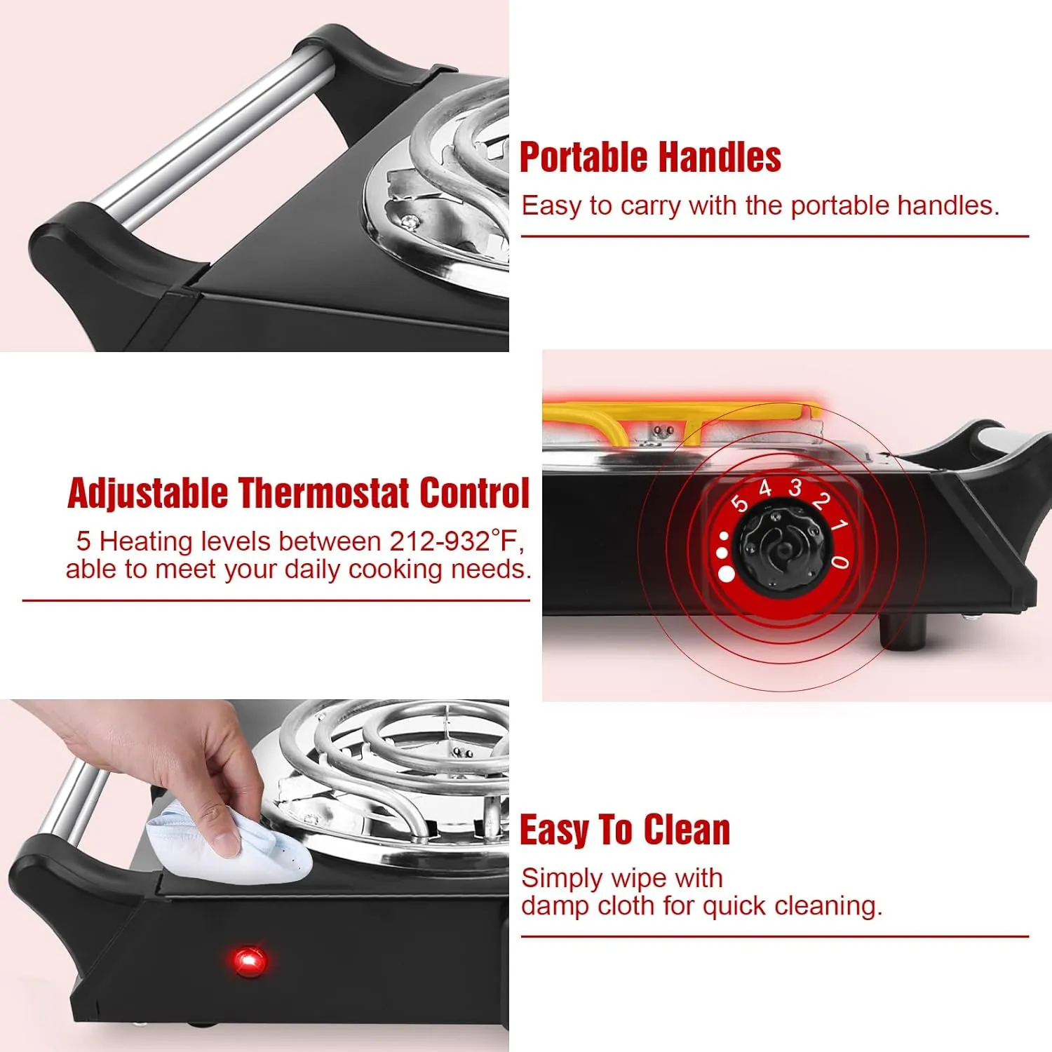1000W Hot Plate,Portable Electric Stove Countertop Single Coil Burners W/5 Level Temperature Control & Stay Cool Handles, Easy to Clean, Lightweight Cast Iron Electric Stove for RV/Home/Camp 110V