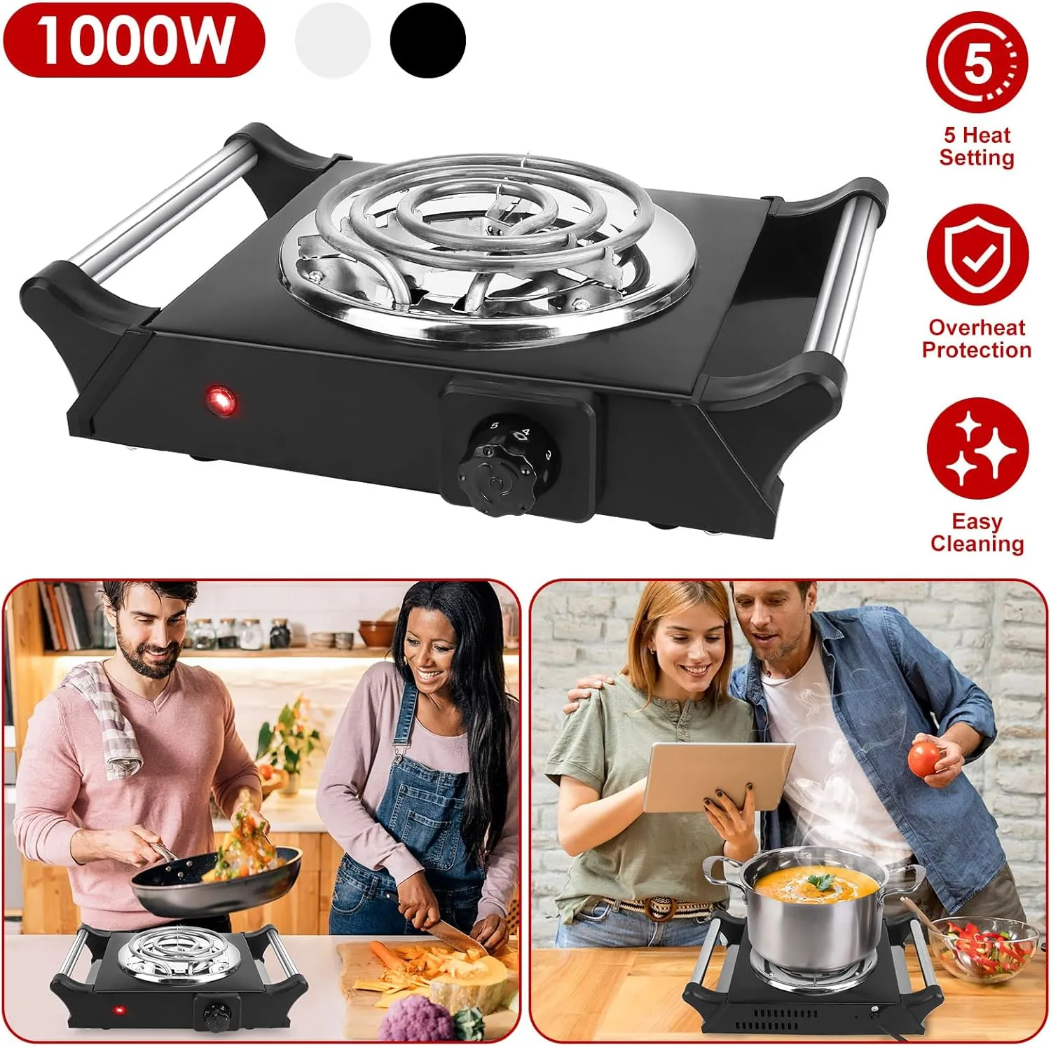 1000W Hot Plate,Portable Electric Stove Countertop Single Coil Burners W/5 Level Temperature Control & Stay Cool Handles, Easy to Clean, Lightweight Cast Iron Electric Stove for RV/Home/Camp 110V