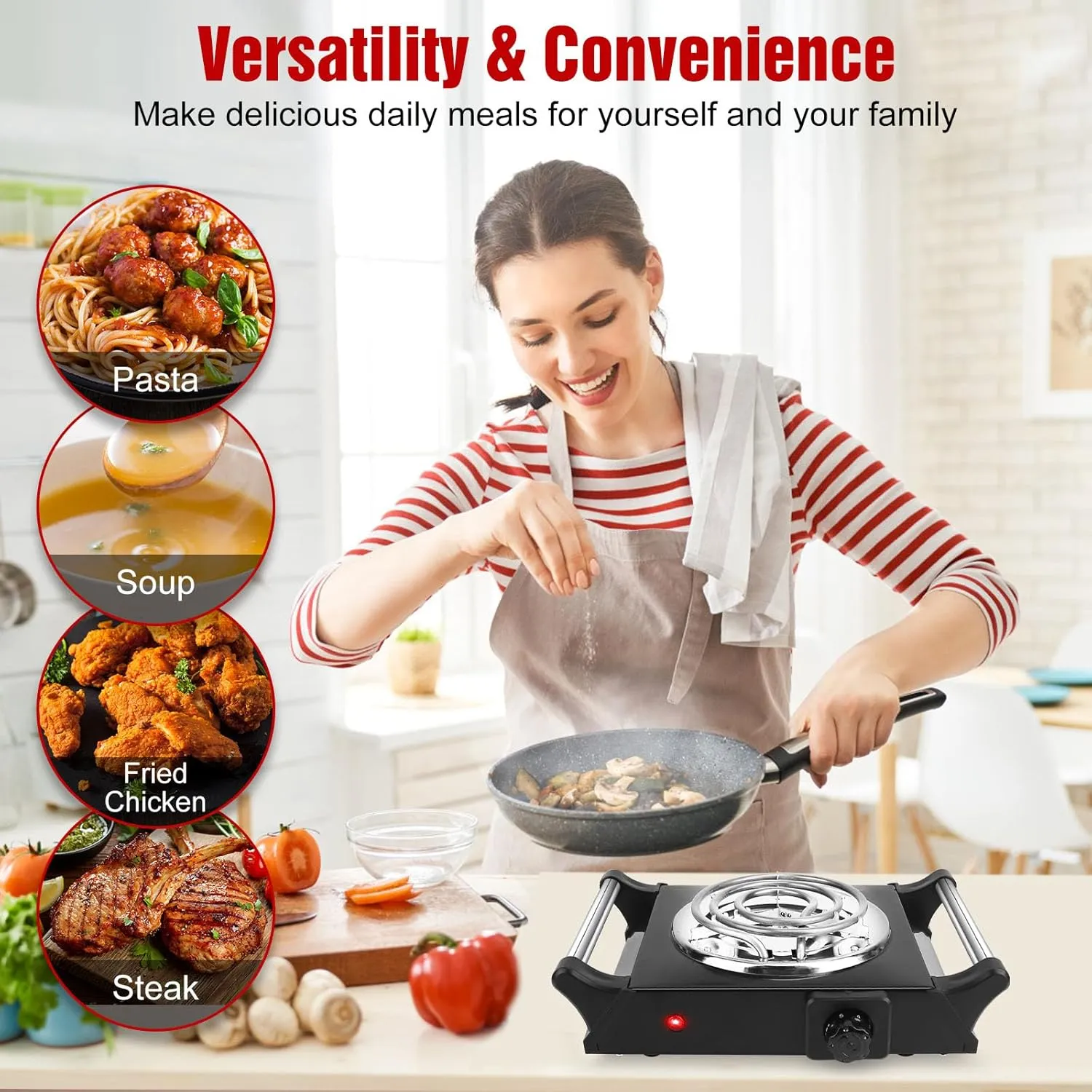 1000W Hot Plate,Portable Electric Stove Countertop Single Coil Burners W/5 Level Temperature Control & Stay Cool Handles, Easy to Clean, Lightweight Cast Iron Electric Stove for RV/Home/Camp 110V