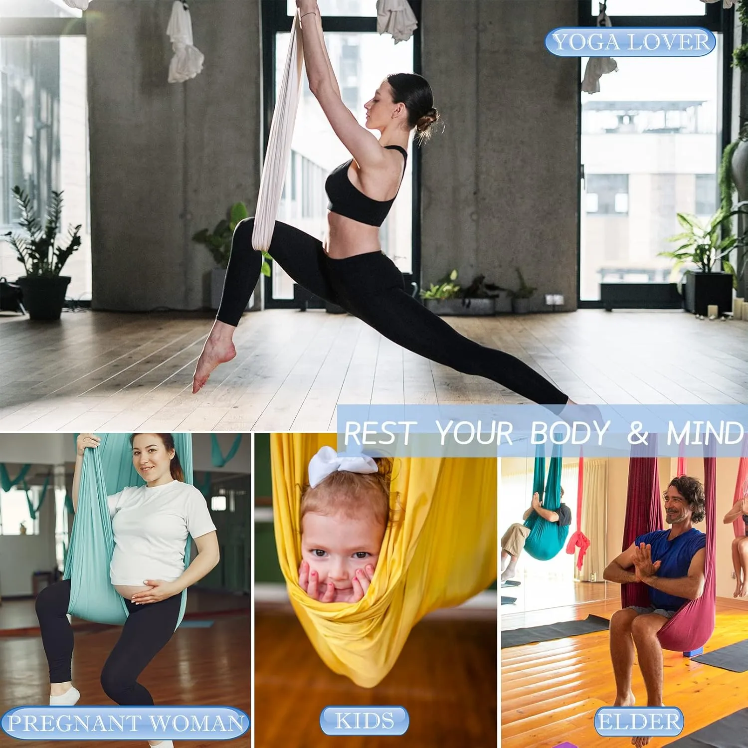 11 Yards Aerial Silks Yoga Swing Set - Aerial Yoga Hammock Kit Anti-Gravity Flying for Fitness, Low/Non Stretch Nylon Tricot Fabric Hardware Included for Dance