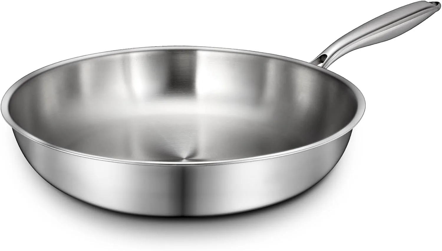 12 Inch Tri-Ply Stainless Steel Frying Pan, Skillet, Induction Cooking Pan, Dishwasher and Oven Safe, Fast & Even Heat, Heavy Duty and Detachable Handle
