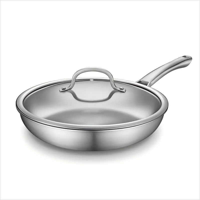 12 inch Tri-Ply Stainless Steel Frying Pan with LID,PFOA&PTFE Free Skillets,Chef's Pans,Dishwasher and Oven Safe Cookware, Works on Induction,Ceramic and Gas Cooktops