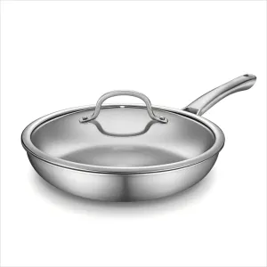 12 inch Tri-Ply Stainless Steel Frying Pan with LID,PFOA&PTFE Free Skillets,Chef's Pans,Dishwasher and Oven Safe Cookware, Works on Induction,Ceramic and Gas Cooktops