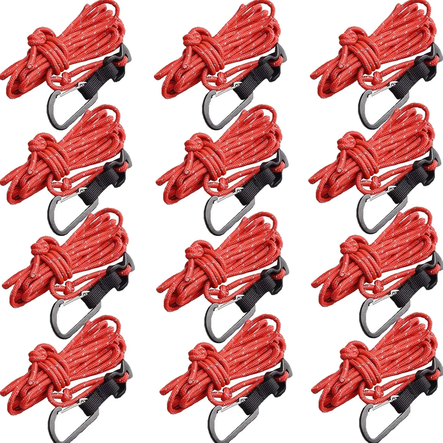 12 Packs Reflective Tent Ropes with Non-Slip Cord Adjusters Tensioners for Tent Tarp, Canopy Shelter, Camping, Hiking, Backpacking