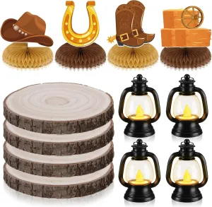 12Pcs Western Party Decorations Mini Cowboy Lantern Candle Wooden Plate Wild West Boot Hat Honeycomb Centerpieces Western Table Decor for Cowboy Theme Birthday Wedding Party Favor Baby Shower Supplies