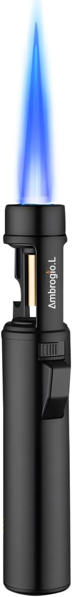 1300℃ Jet Torch Lighter, Long Butane Refillable Windproof Adjustable Flame Intensity with Bottle Opener for Hiking Cooking Camping Outdoors (Black)