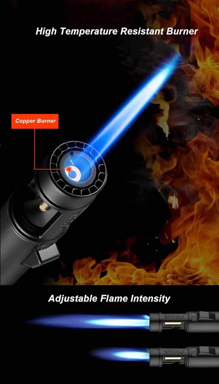 1300℃ Jet Torch Lighter, Long Butane Refillable Windproof Adjustable Flame Intensity with Bottle Opener for Hiking Cooking Camping Outdoors (Black)