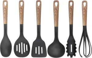 13" Non-Stick Cook Utensil w. Wood Pattern Handle, Unique Design, Heat Resistant, Turner Tongs, Spatula, Spoon, Brush, Whisk, Kitchen Gadgets with Holder for Nonstick Cookware (BPA Free) (set of 6)