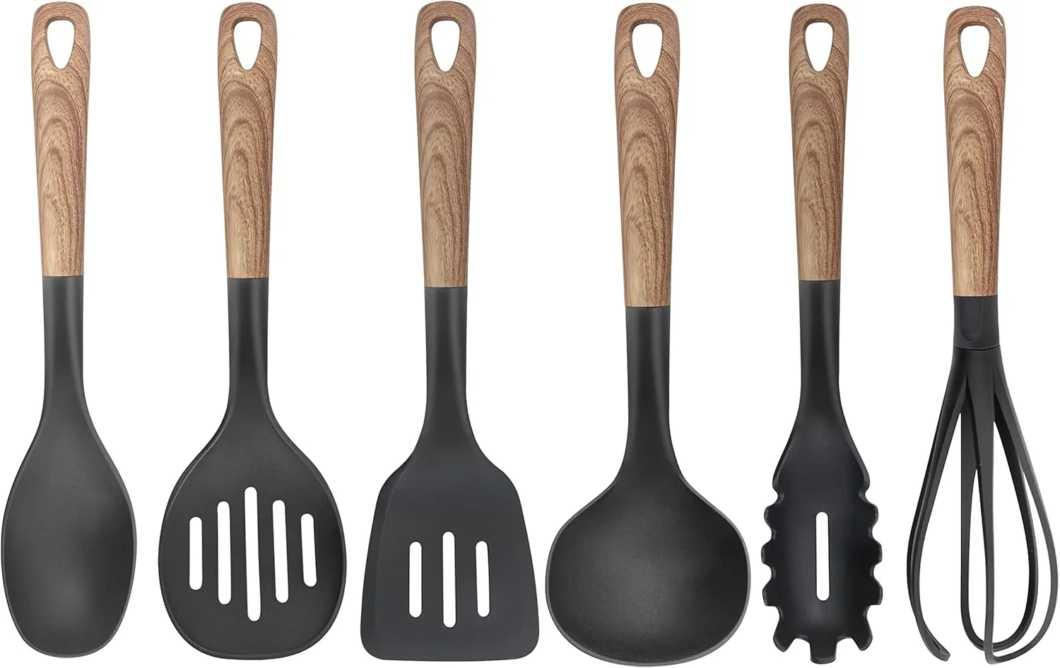 13" Non-Stick Cook Utensil w. Wood Pattern Handle, Unique Design, Heat Resistant, Turner Tongs, Spatula, Spoon, Brush, Whisk, Kitchen Gadgets with Holder for Nonstick Cookware (BPA Free) (set of 6)