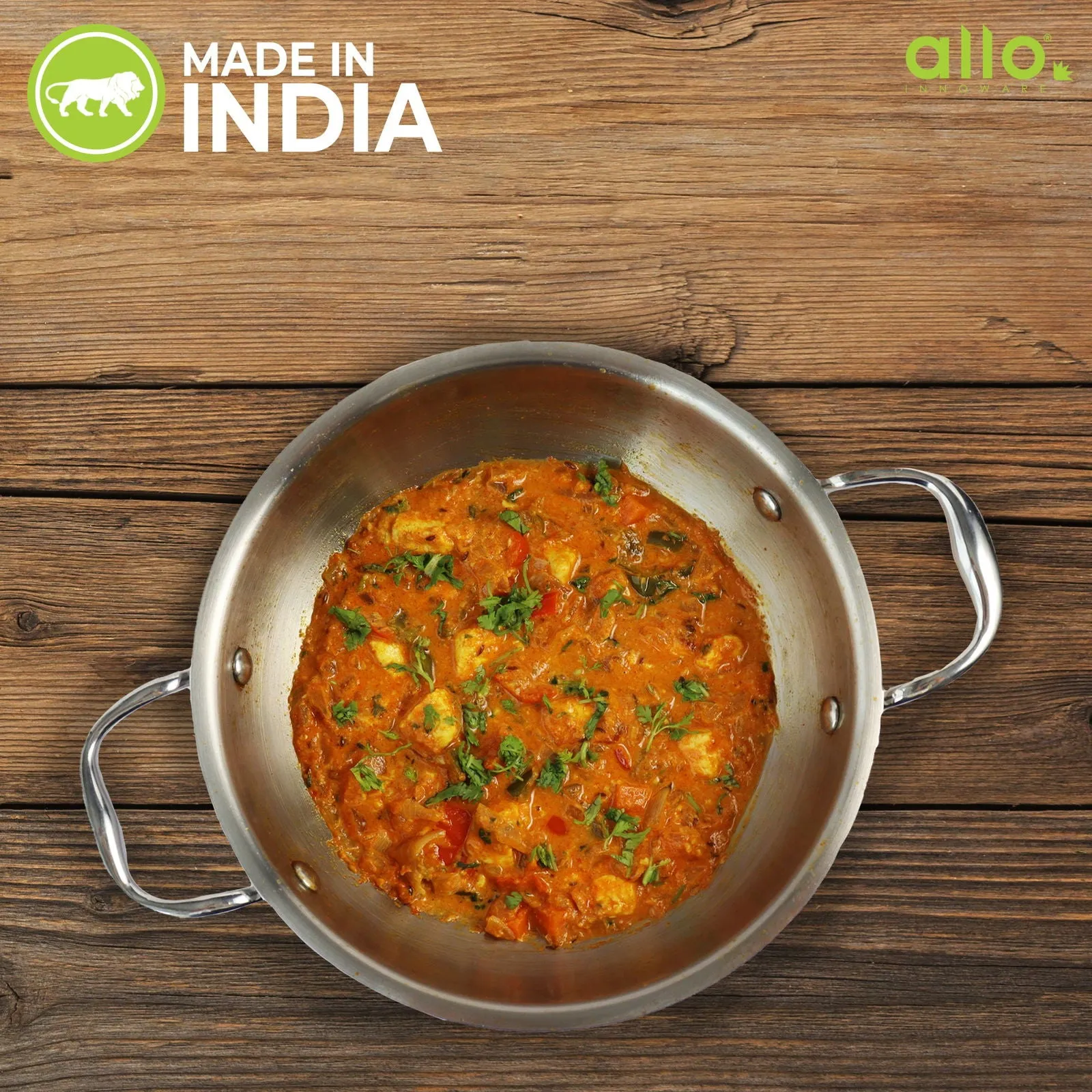 1.5L Allo CookSafe TriPly Kadhai | Stainless Steel | With Stainless Steel Lid | Induction Friendly | Naturally Non-stick | 20cm