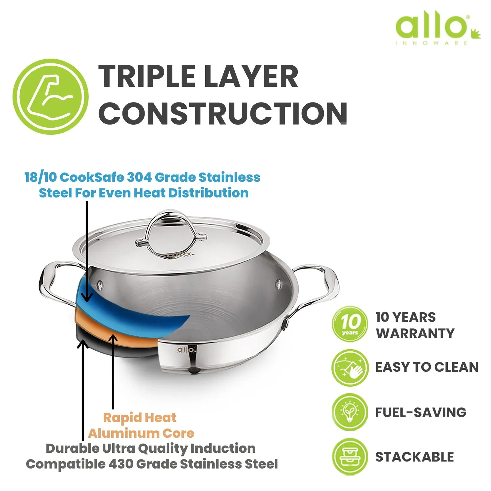 1.5L Allo CookSafe TriPly Kadhai | Stainless Steel | With Stainless Steel Lid | Induction Friendly | Naturally Non-stick | 20cm