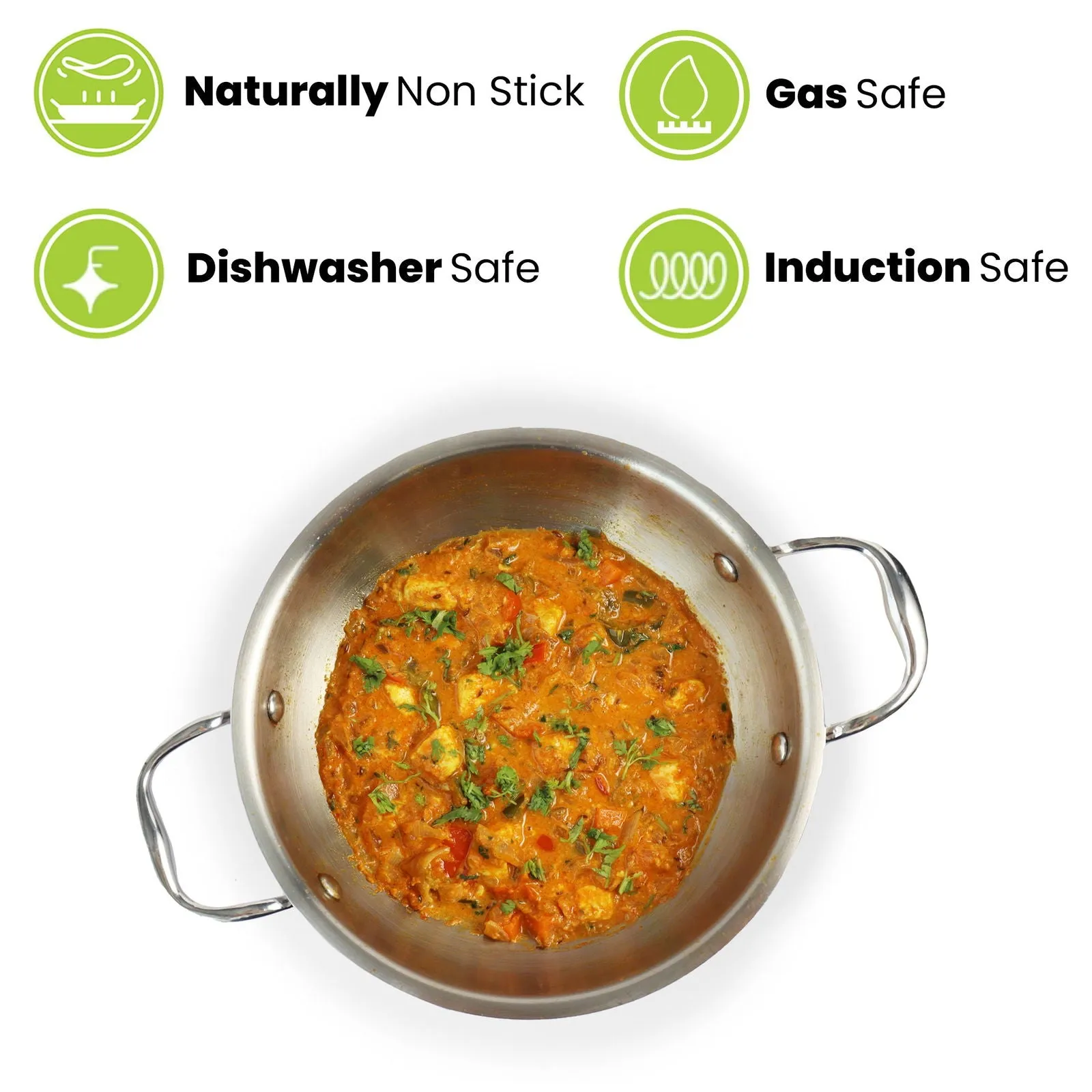 1.5L Allo CookSafe TriPly Kadhai | Stainless Steel | With Stainless Steel Lid | Induction Friendly | Naturally Non-stick | 20cm