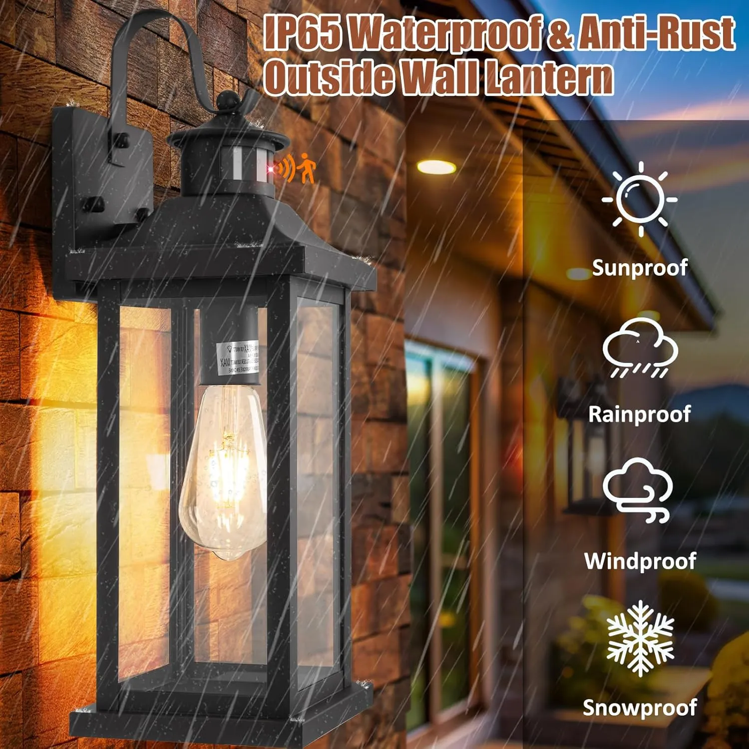 18 Inch Motion Sensor Outdoor Lights 2-Pack, Large Black Dusk to Dawn Outdoor Porch Lights for House IP65 Waterproof Exterior Light Fixtures for Front Door Anti-Rust Garage Lantern Lights
