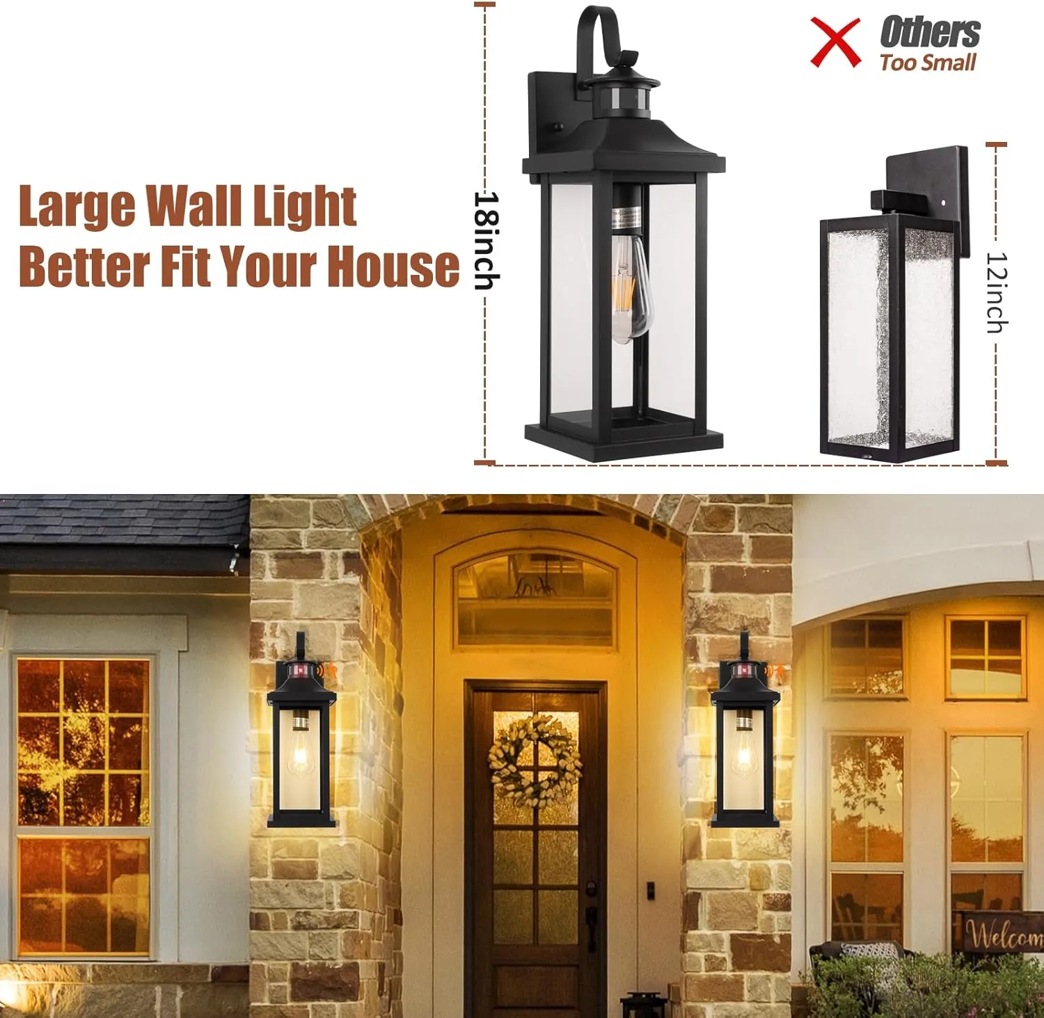 18 Inch Motion Sensor Outdoor Lights 2-Pack, Large Black Dusk to Dawn Outdoor Porch Lights for House IP65 Waterproof Exterior Light Fixtures for Front Door Anti-Rust Garage Lantern Lights