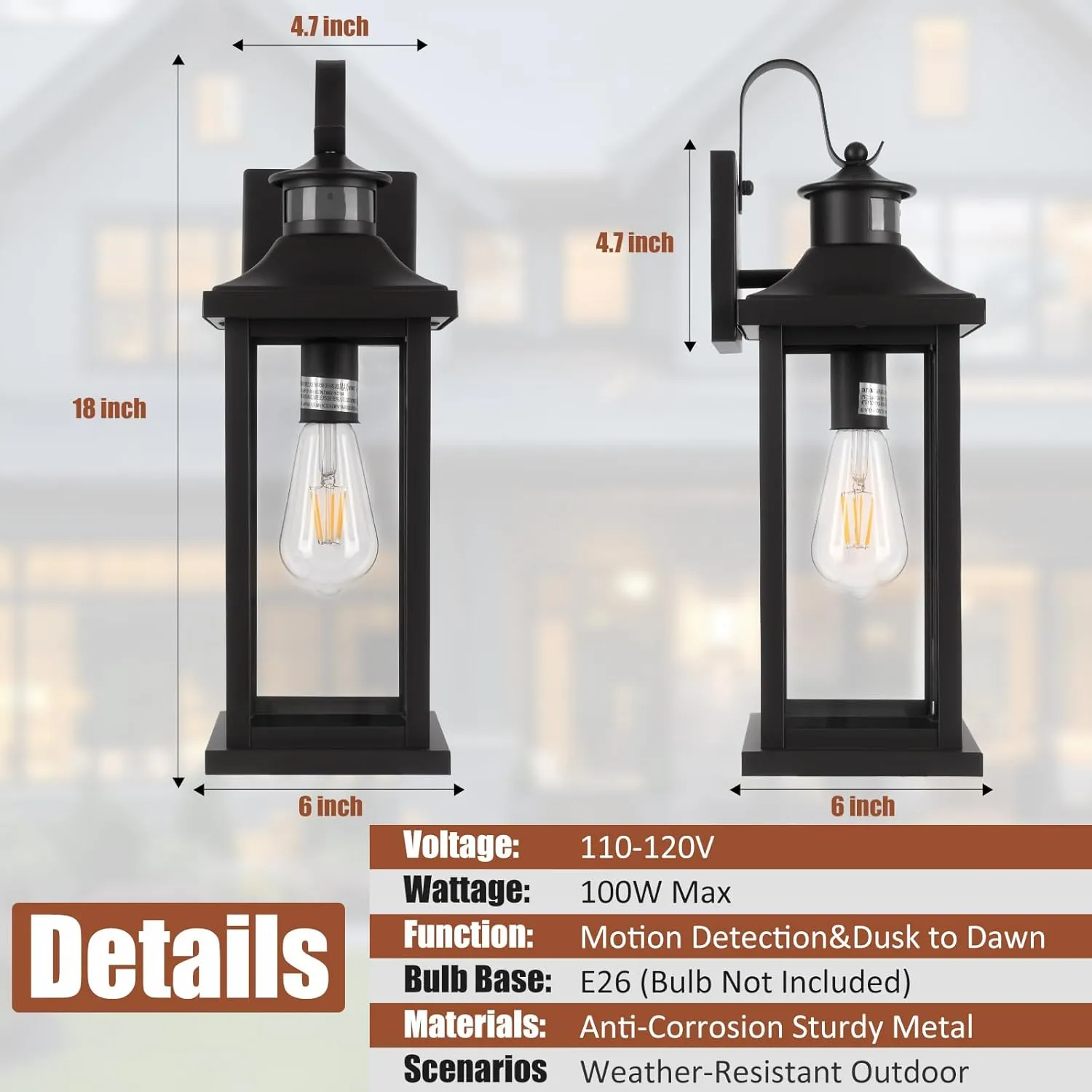 18 Inch Motion Sensor Outdoor Lights 2-Pack, Large Black Dusk to Dawn Outdoor Porch Lights for House IP65 Waterproof Exterior Light Fixtures for Front Door Anti-Rust Garage Lantern Lights