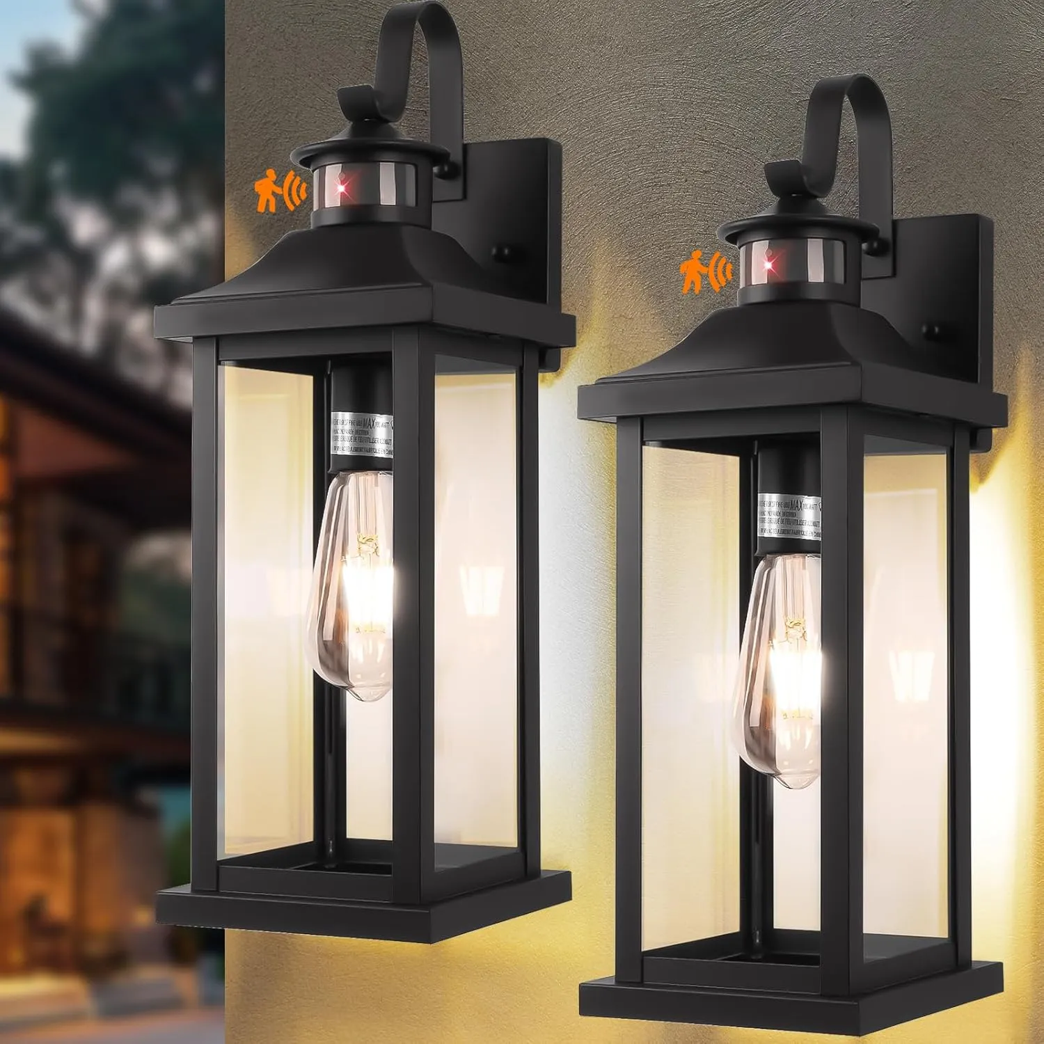 18 Inch Motion Sensor Outdoor Lights 2-Pack, Large Black Dusk to Dawn Outdoor Porch Lights for House IP65 Waterproof Exterior Light Fixtures for Front Door Anti-Rust Garage Lantern Lights