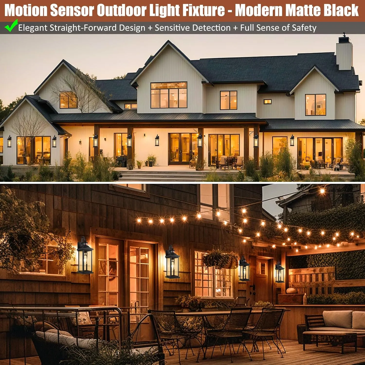 18 Inch Motion Sensor Outdoor Lights 2-Pack, Large Black Dusk to Dawn Outdoor Porch Lights for House IP65 Waterproof Exterior Light Fixtures for Front Door Anti-Rust Garage Lantern Lights
