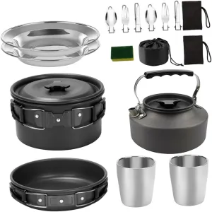 1set Camping Cookware for People Portable Teapot Non-Stick Cookware Black Outdoor Picnic Tableware Easy to Carry Cooking Tools