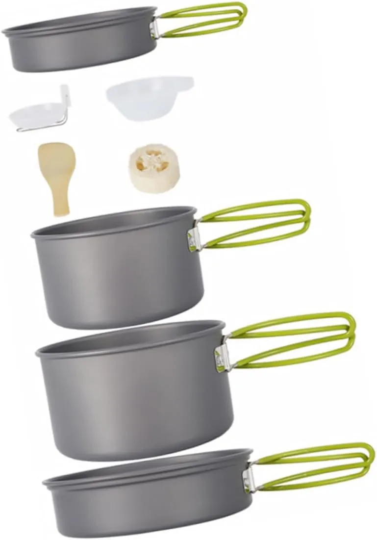 1set Non-Stick Camping Cooking for People Portable Picnic Cookware Kit Pans Bowls Spoon and Spatula for Hiking and Outdoor Activities Black