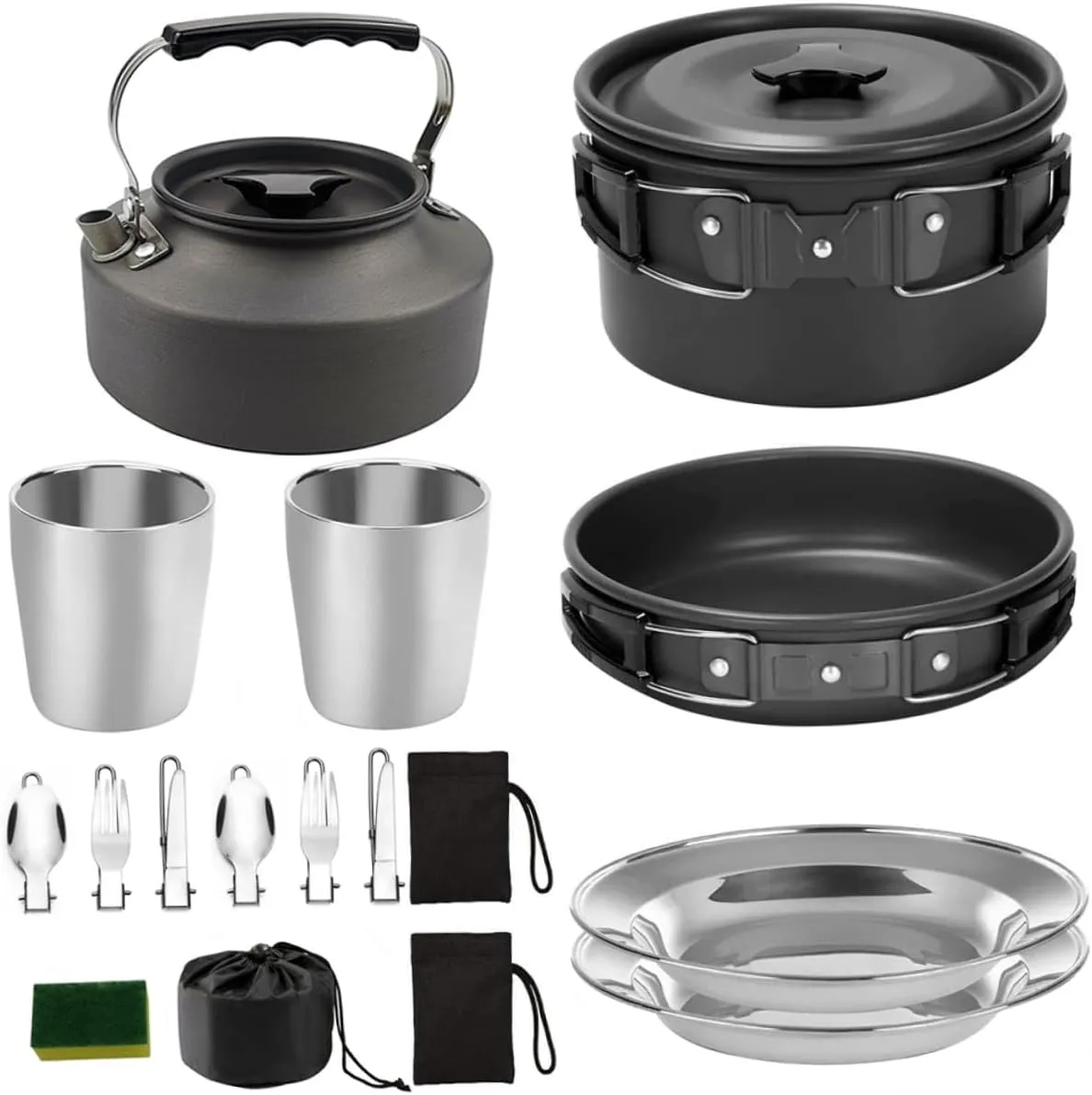 1Set Portable Camping Cookware for People Lightweight Outdoor Cooking Pot and Non Stick Frying Pan Anodized Picnic Tableware Black