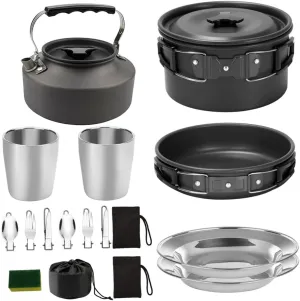 1Set Portable Camping Cookware for People Lightweight Outdoor Cooking Pot and Non Stick Frying Pan Anodized Picnic Tableware Black
