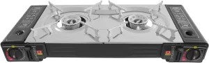 2-Burner Butane Camping Stove, Portable Camping Grill/Stove with Adjustable Burners, Portable Case, Baking Pan for Camping, Tailgating, BBQ
