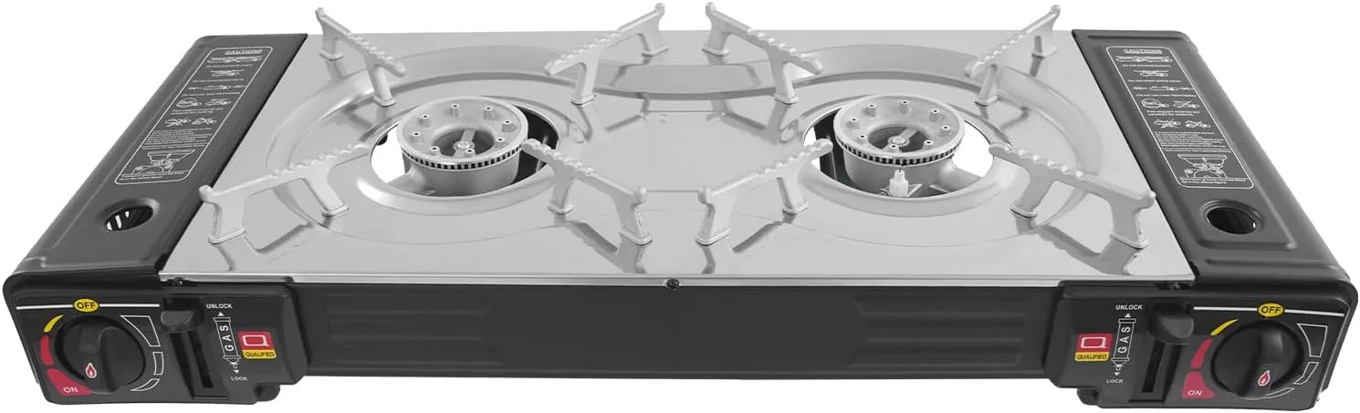 2-Burner Butane Camping Stove, Portable Camping Grill/Stove with Adjustable Burners, Portable Case, Baking Pan for Camping, Tailgating, BBQ