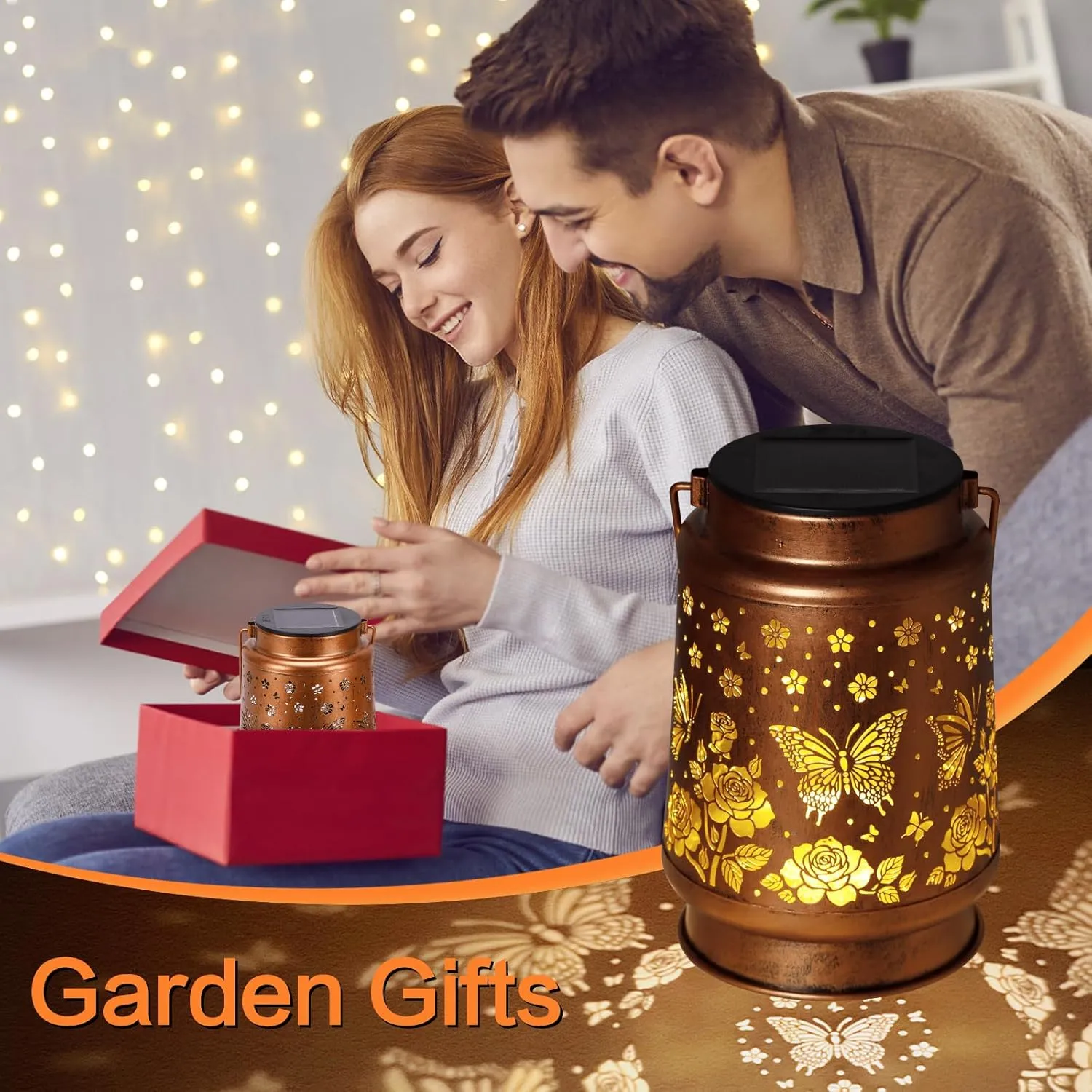 2 Pack Butterfly Solar Lanterns Outdoor Waterproof Rose Garden Decor Gifts for Women Mom Grandma Hanging Solar Lights Metal Lantern Decoration Outside for Yard,Patio,Backyard,Porch