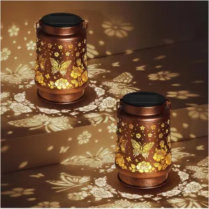 2 Pack Butterfly Solar Lanterns Outdoor Waterproof Rose Garden Decor Gifts for Women Mom Grandma Hanging Solar Lights Metal Lantern Decoration Outside for Yard,Patio,Backyard,Porch