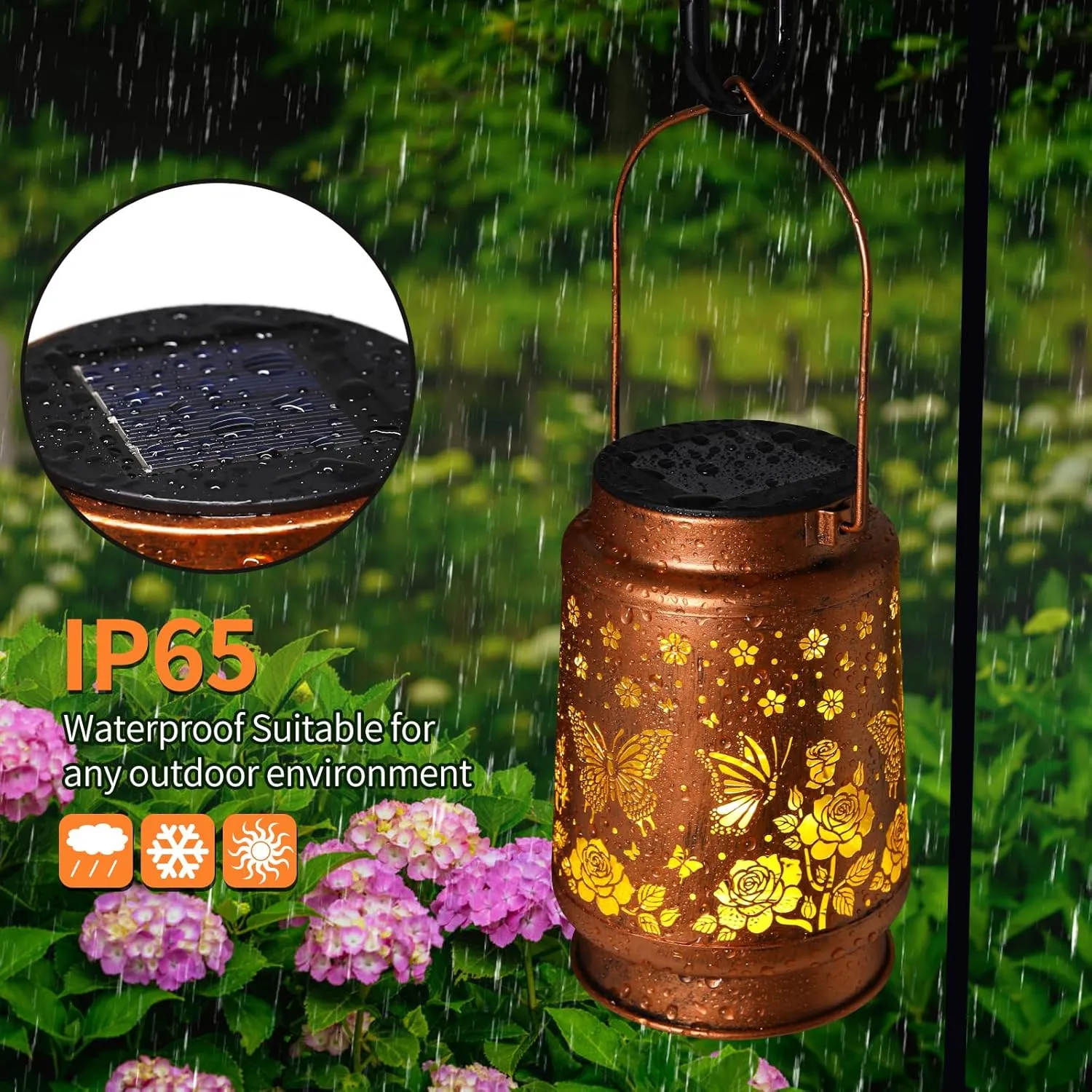 2 Pack Butterfly Solar Lanterns Outdoor Waterproof Rose Garden Decor Gifts for Women Mom Grandma Hanging Solar Lights Metal Lantern Decoration Outside for Yard,Patio,Backyard,Porch