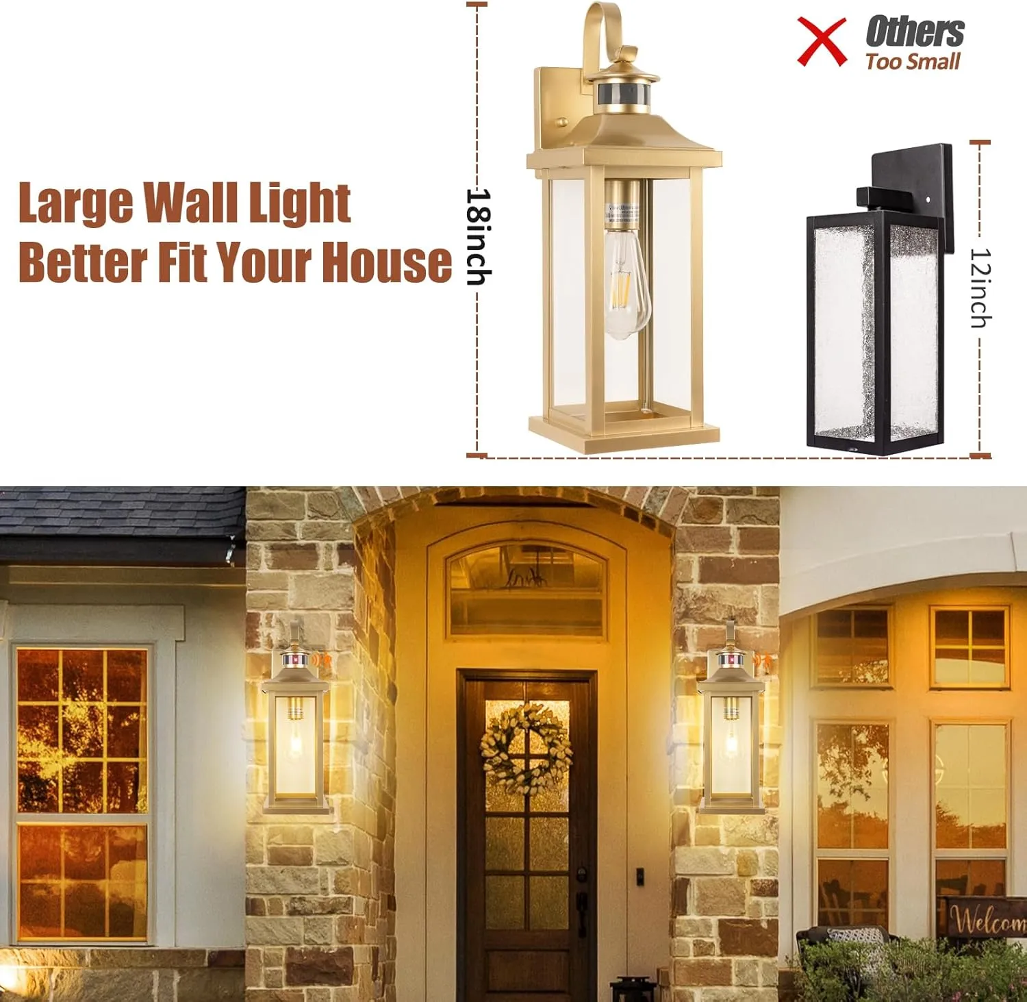 2-Pack Gold Dusk to Dawn Motion Sensor Lights 18 Inch, Large Outdoor Light Fixtures IP65 Waterproof Anti-Rust Brass Outside Lights for House Photocell Modern Exterior Lanterns Wall Mounted