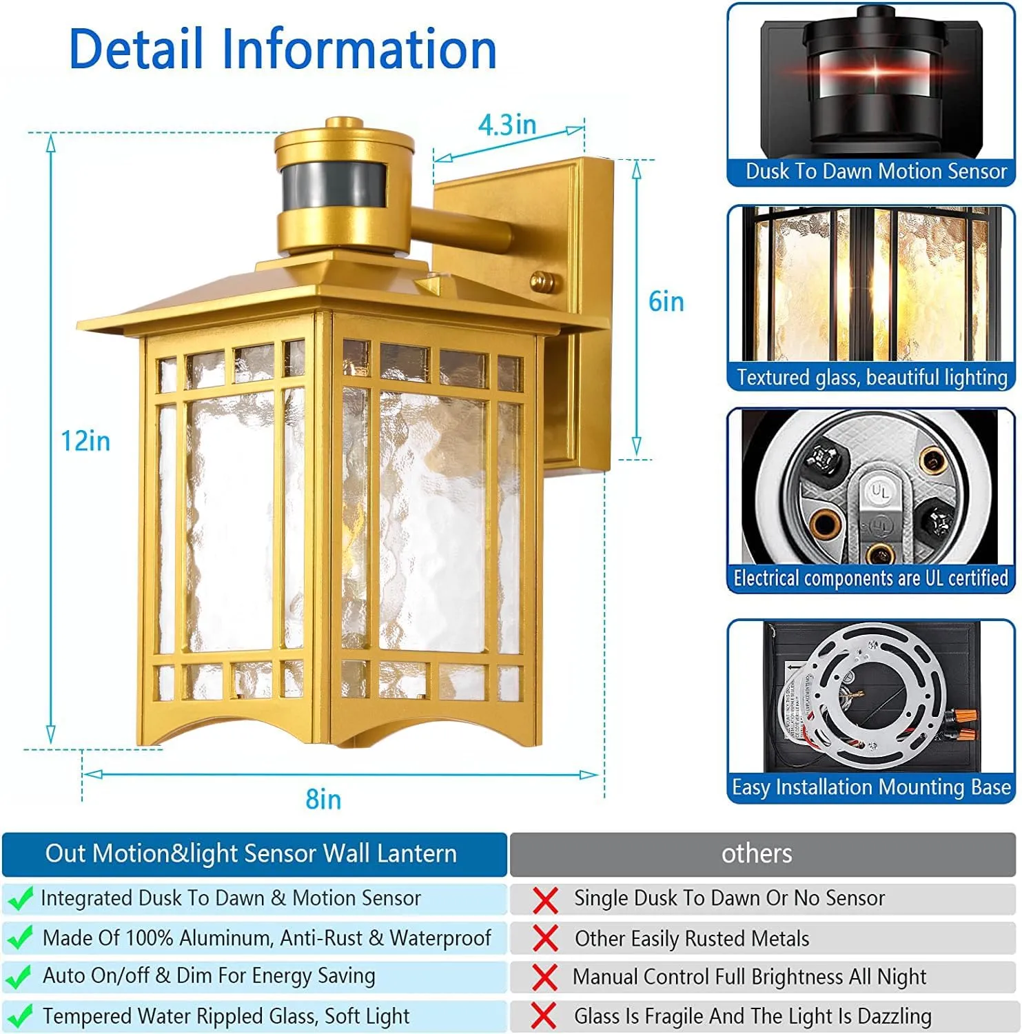 2 Pack Motion Sensor Outdoor Lights, Dusk to Dawn Lighting, LED Exterior Light Fixture, Anti-Rust Lantern for Front Porch, Waterproof Golden Outdoor Wall Sconce for House, Garage, Patio