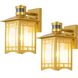 2 Pack Motion Sensor Outdoor Lights, Dusk to Dawn Lighting, LED Exterior Light Fixture, Anti-Rust Lantern for Front Porch, Waterproof Golden Outdoor Wall Sconce for House, Garage, Patio