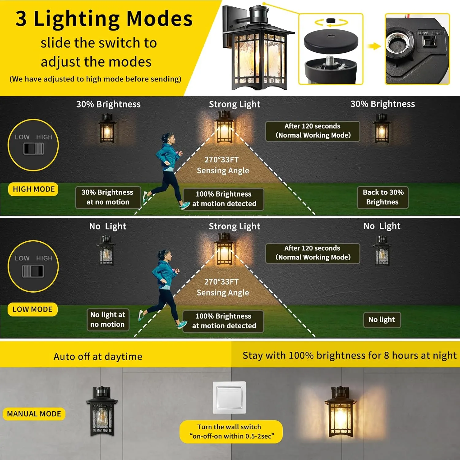 2 Pack Motion Sensor Outdoor Lights, Dusk to Dawn Lighting, LED Exterior Light Fixture, Anti-Rust Lantern for Front Porch, Waterproof Golden Outdoor Wall Sconce for House, Garage, Patio
