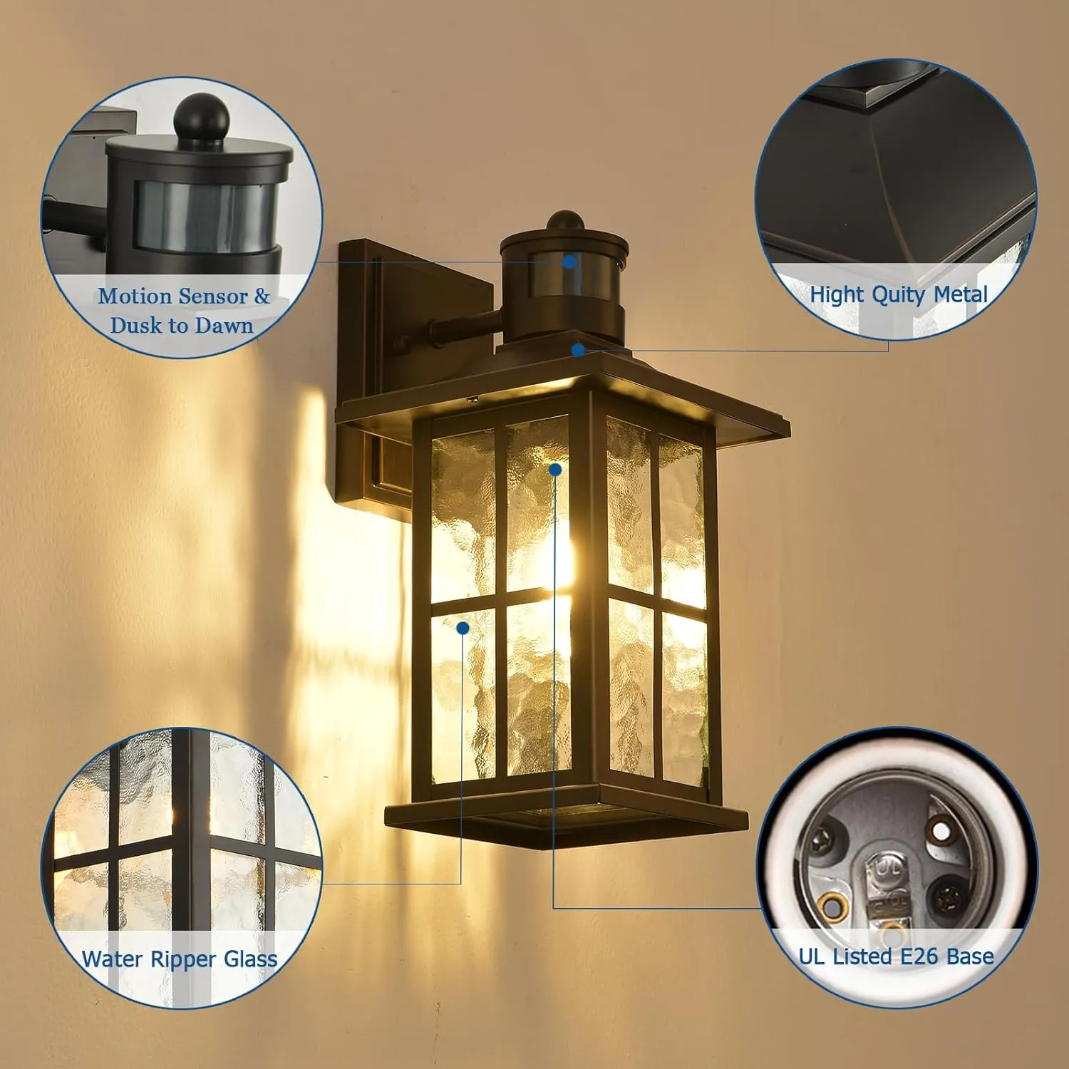 2 Pack Motion Sensor Outdoor Porch Lights Dusk to Dawn Exterior Wall Lantern Black Outside Sconce Lighting Fixtures Waterproof Wall Mount Coach Lamp for House Garage Patio Entryway