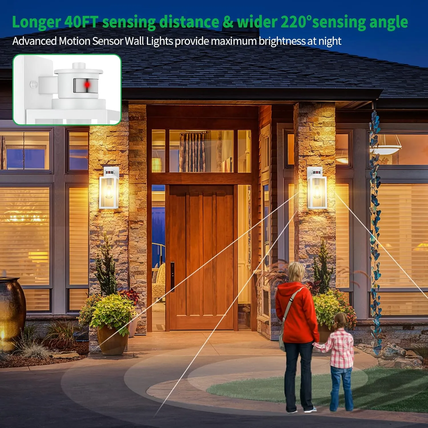 2-Pack Motion Sensor Outdoor Wall Lantern, Dusk to Dawn Exterior Light Fixtures Wall Mount, White Outside Light for House, Waterproof Outside Lantern Sconces, Anti-Rust Porch Lighting with Clear Glass