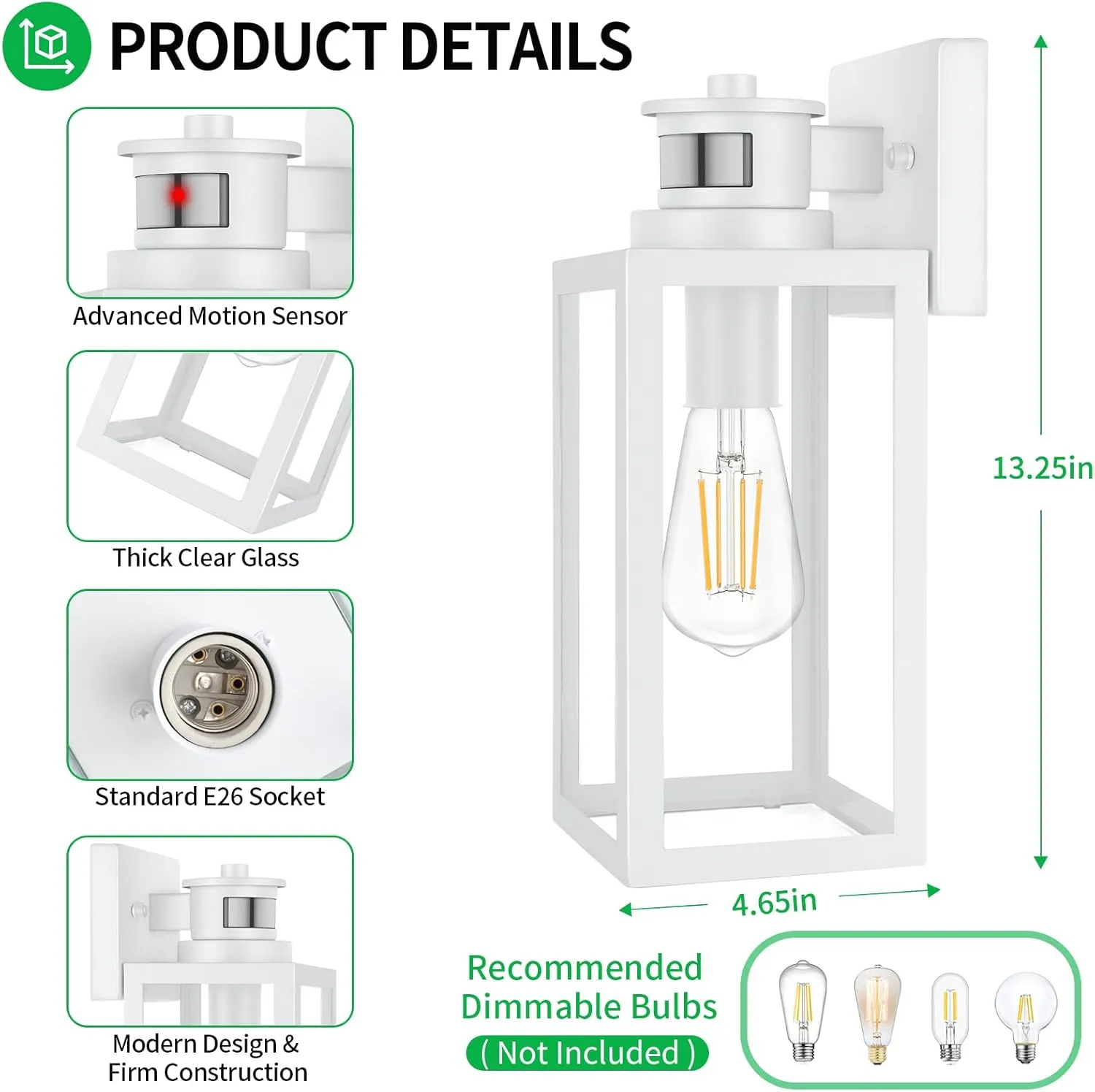 2-Pack Motion Sensor Outdoor Wall Lantern, Dusk to Dawn Exterior Light Fixtures Wall Mount, White Outside Light for House, Waterproof Outside Lantern Sconces, Anti-Rust Porch Lighting with Clear Glass