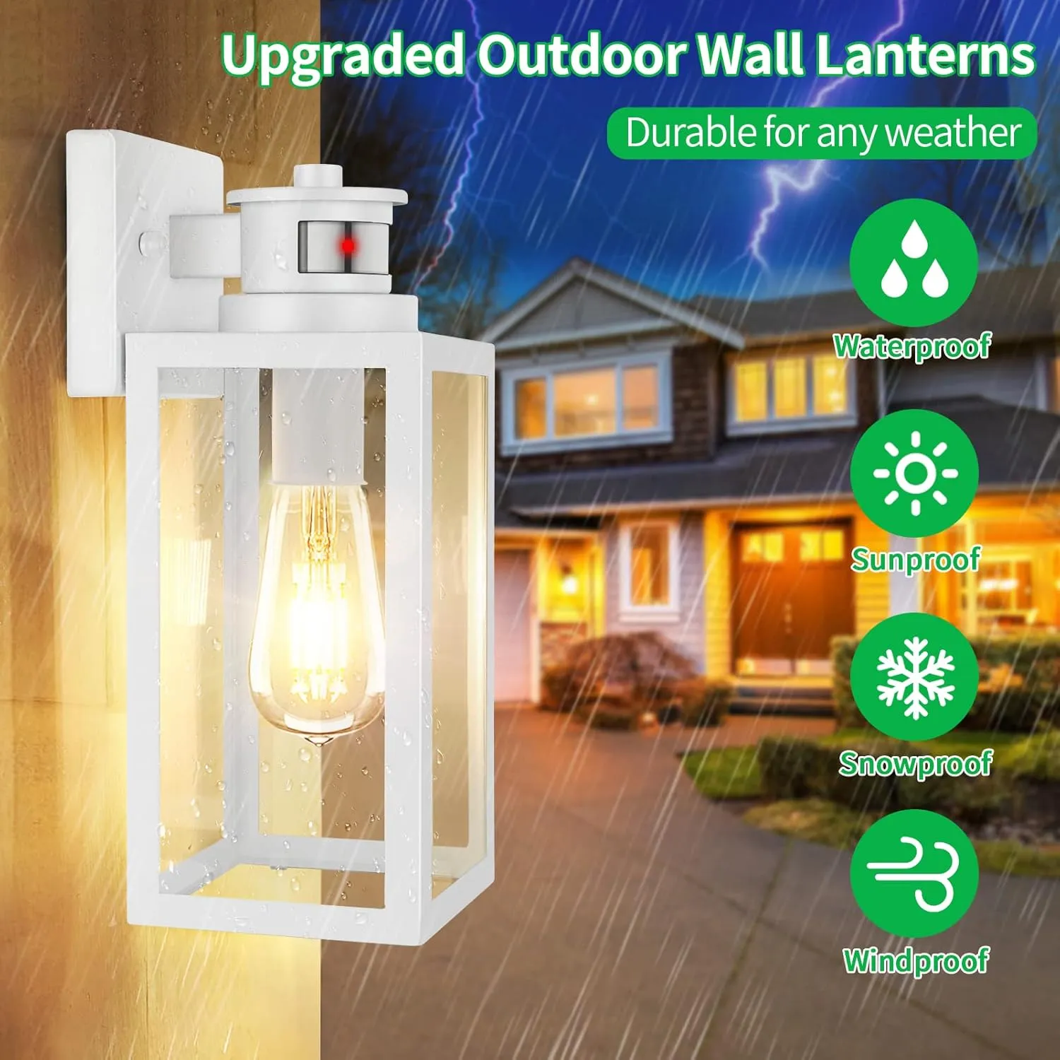 2-Pack Motion Sensor Outdoor Wall Lantern, Dusk to Dawn Exterior Light Fixtures Wall Mount, White Outside Light for House, Waterproof Outside Lantern Sconces, Anti-Rust Porch Lighting with Clear Glass