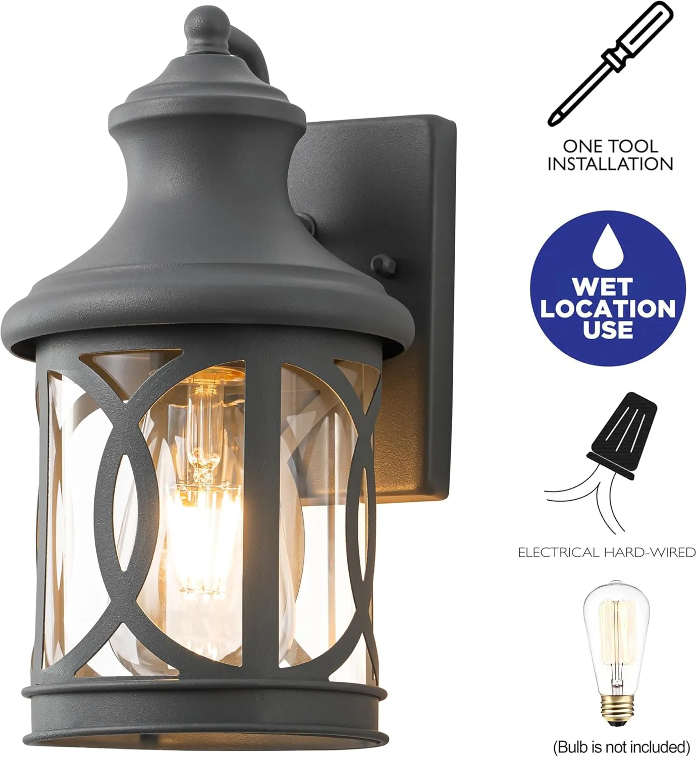 2-Pack Outdoor Wall Lights, Porch Lights, Waterproof Outdoor Wall Sconce, Exterior Light Fixture Grey Finish with Clear Glass Shade for Garage Patio Front Door Balcony