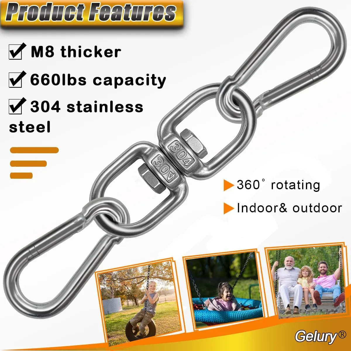 2 Pack Swing Swivels, 304-Stainless Steel Swivel Ring, Heavy Duty Double Ended Swivel Eye Hook with Snap Hooks, Swing Spinner Hanger for Web Tree Swing, Hammock