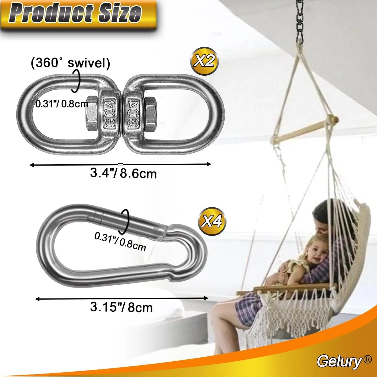 2 Pack Swing Swivels, 304-Stainless Steel Swivel Ring, Heavy Duty Double Ended Swivel Eye Hook with Snap Hooks, Swing Spinner Hanger for Web Tree Swing, Hammock