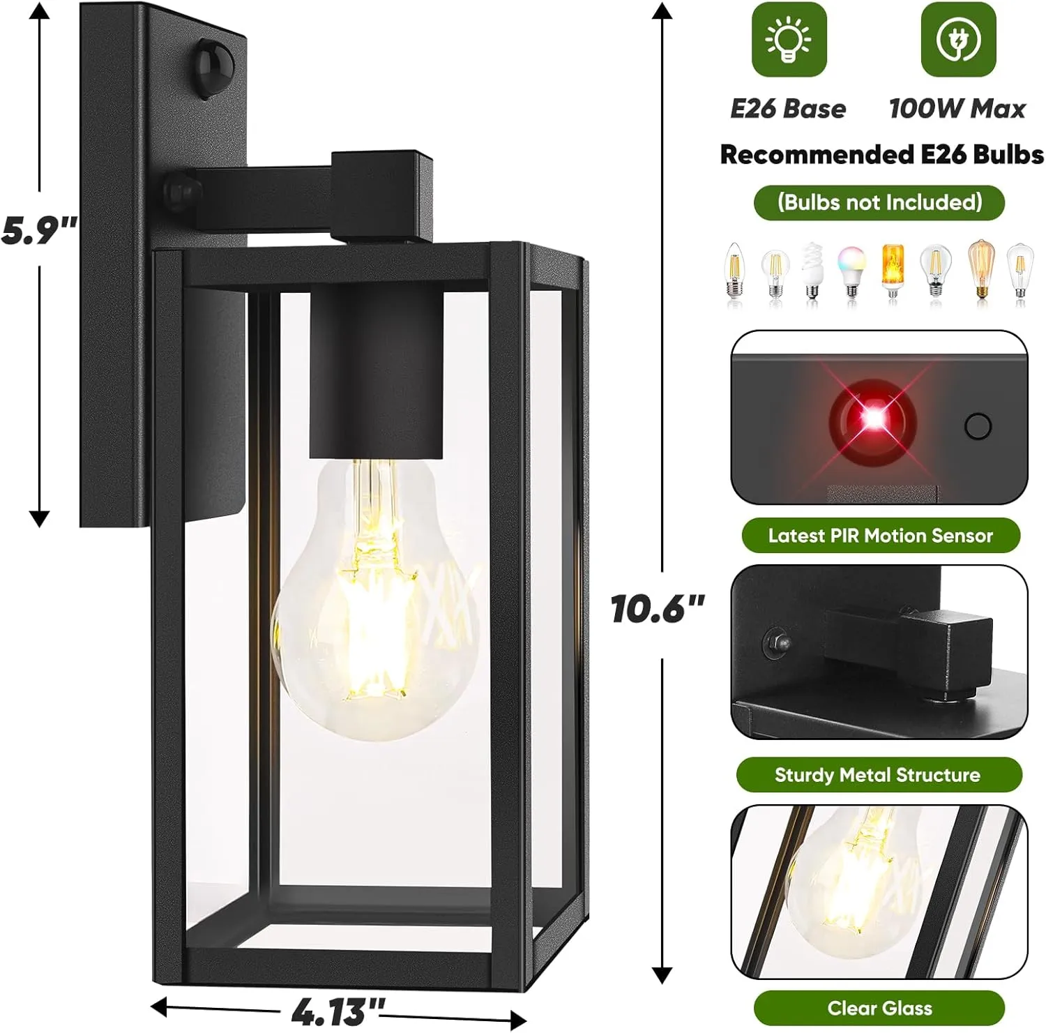 2-Pack Upgraded Motion Sensor Outdoor Wall Lights, Dusk to Dawn Porch Lights Outdoor Wall Sconce Lanterns, 3 Lighting Modes Exterior Lighting Fixtures, Black Outside Lights for House Front Door Garage