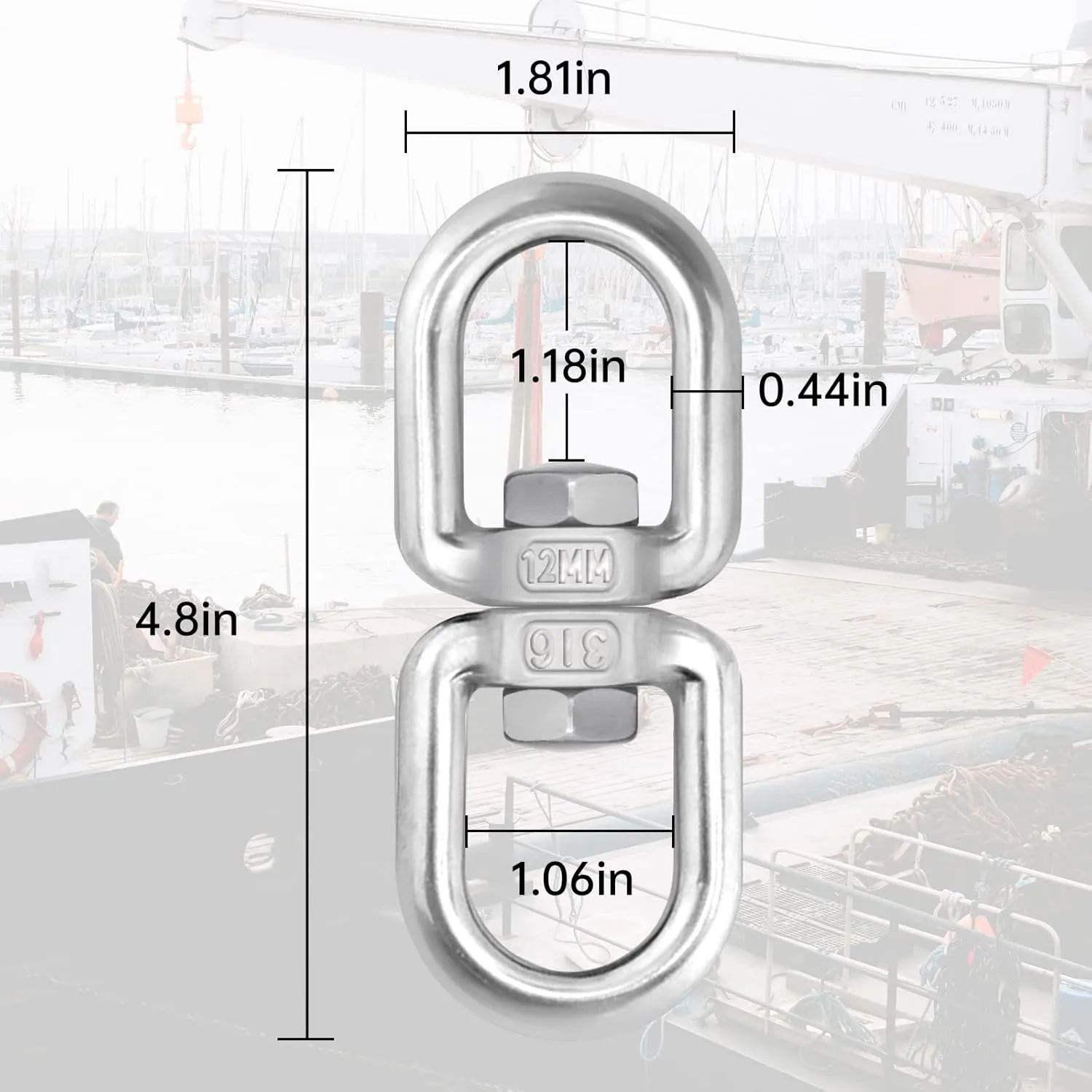 2 Pcs SUS316 Loop Dia 12mm 1/2inch 2755lbsf Double Eye Swivel, Eye to Eye Swivel Shackle Ring Connector Hardware Double Ended Swivel Hook for Marine Mooring Swivel Tree Swing Hanging Hammock