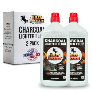 2 x 1 Quart Lighter Fuel Bottle, Clean Burning, Low Odor & Fast Lighting Charcoal Lighter Fluid, Perfect Fire Starter for Outdoor BBQ Grilling, Camping, Charcoal, Wood Fire & Bonfire by Billy Buckskin