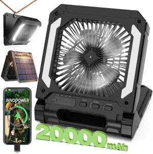 20000mAh Portable Fan Rechargeable with Solar Panel 2-in-1, 3 Speeds Cordless Battery Powered Fan with Led Lantern,Timer, Quiet USB-C Table Fan for Travel Tent Hurricane Office Home Bedroom (Black)